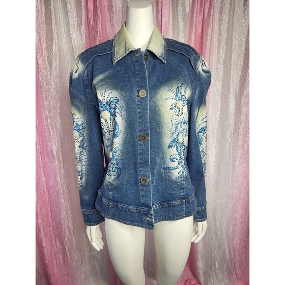 Vintage PJ Shernda Y2K Acid Wash Floral Beaded Pearl Jean Jacket Size Large - Picture 2 of 13
